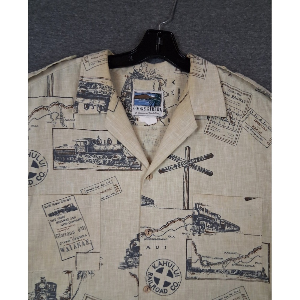 VTG Cooke Street Mens Shirt 2XL Beige Railroad Kahului Hawaii RR Co AOp Resort